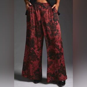 Anthropologie Plus 20W Low Rise Pleated Wide Leg Trouser Pants Floral Satin NWT